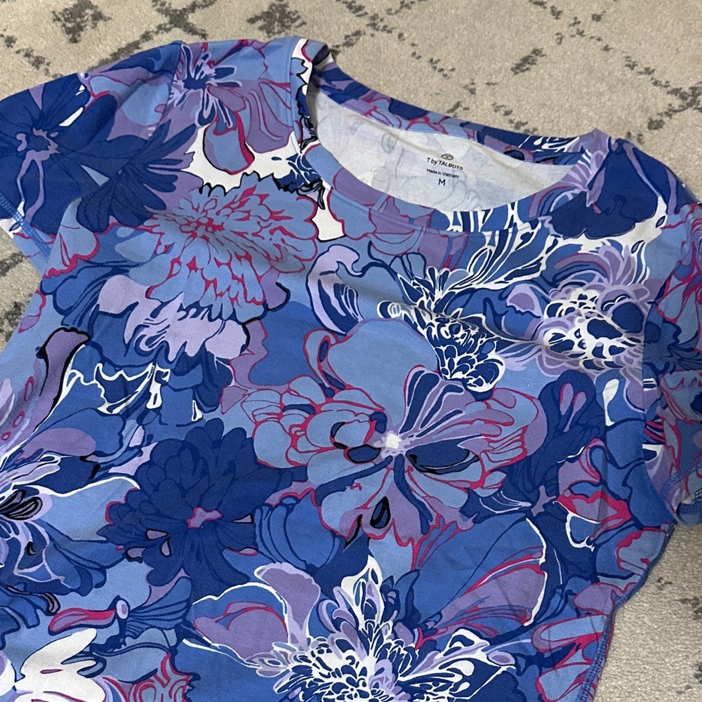 Talbots Blue and Purple Floral Short Sleeve Top
